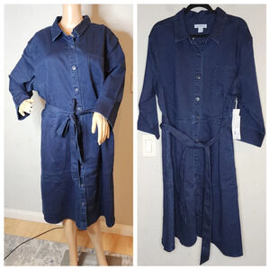 NWT Liz Claiborne Stretch Denim Button Front Belted Midi Dress Size 20W